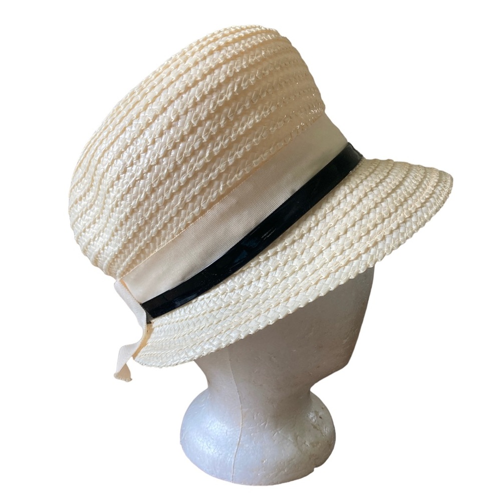 Sears Millinery Vintage Natural Straw Hat Church Lady Classic Beige Black Trim